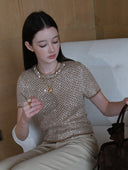 Shimmering Sequin Argyle Knit Short-Sleeve Top in Sandy gold