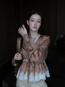 Long-Sleeve Blouse with Lace V-neck in Honey gold caramel