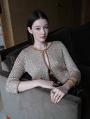 Shimmering Sequin Argyle Knit Cardigan in Sandy gold