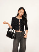 Cloud Textured Bubble-Knit Cropped Cardigan in Black