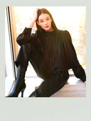 Cropped Satin-Finish Gathered Puff-Sleeve Jacket in Black