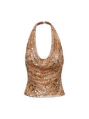 Sequin & Beaded Halter Camisole with Plunge Neck and Open Back