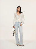 Rhinestone-Embellished Openwork Crochet Cardigan in White