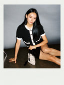 “Black & White Camellia” Knitted Short-Sleeve Cardigan with Hand-Crocheted Trim
