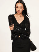 Rhinestone-Embellished Openwork Crochet Cardigan in Black