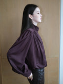 Cropped Satin-Finish Gathered Puff-Sleeve Jacket in Purple Coffee