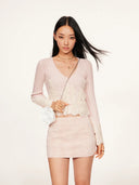 Wool-Cashmere Lace-Trimmed Flare-Sleeve Knit Cardigan in Sakura Pink