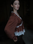 Long-Sleeve Blouse with Lace V-neck in Burnt Tea Brown