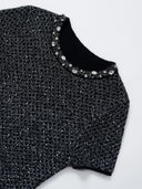 Shimmering Sequin Argyle Knit Short-Sleeve Top in Stardust grey