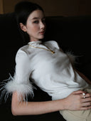 Short-Sleeve Knitted Top with Feather trim in White