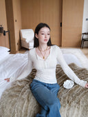 Merino Wool Knit Top with Flared Sleeves in White
