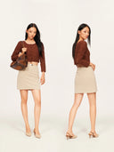 Cropped Knit Cardigan with Hand-Crafted Embroidery in Caramel chestnut