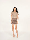 Shimmering Sequin Argyle Knit Short-Sleeve Top in Sandy gold