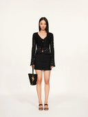 Rhinestone-Embellished Openwork Crochet Cardigan in Black