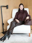 Cropped Satin-Finish Gathered Puff-Sleeve Jacket in Purple Coffee