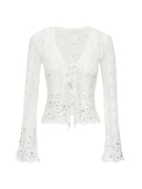 Rhinestone-Embellished Openwork Crochet Cardigan in White