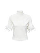 Short-Sleeve Knitted Top with Feather trim in White