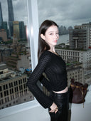 Merino Wool Knit Top with Flared Sleeves in Black