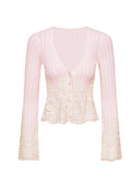 Wool-Cashmere Lace-Trimmed Flare-Sleeve Knit Cardigan in Sakura Pink