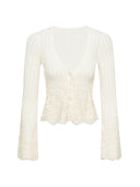 Wool-Cashmere Lace-Trimmed Flare-Sleeve Knit Cardigan in Moonlight White