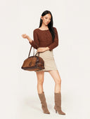 Cropped Knit Cardigan with Hand-Crafted Embroidery in Caramel chestnut