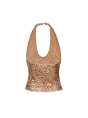 Sequin & Beaded Halter Camisole with Plunge Neck and Open Back