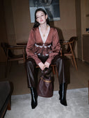 Long-Sleeve Blouse with Lace V-neck in Burnt Tea Brown
