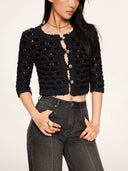 Cloud Textured Bubble-Knit Cropped Cardigan in Black