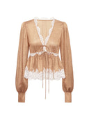 Long-Sleeve Blouse with Lace V-neck in Honey gold caramel