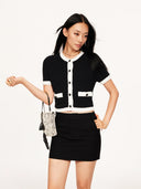 “Black & White Camellia” Knitted Short-Sleeve Cardigan with Hand-Crocheted Trim