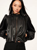 Cropped Satin-Finish Gathered Puff-Sleeve Jacket in Black