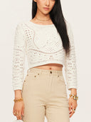 Cropped Knit Cardigan with Hand-Crafted Embroidery in Moonlight white