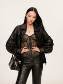 Oversized Leather Jacket with Lapel Collar in Black