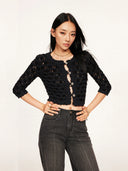 Cloud Textured Bubble-Knit Cropped Cardigan in Black
