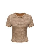 Shimmering Sequin Argyle Knit Short-Sleeve Top in Sandy gold