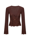 Wool-Cashmere Lace-Trimmed Flare-Sleeve Knit Cardigan in Caramel Chestnut
