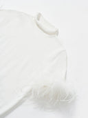 Short-Sleeve Knitted Top with Feather trim in White