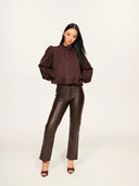 Cropped Satin-Finish Gathered Puff-Sleeve Jacket in Purple Coffee