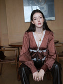 Long-Sleeve Blouse with Lace V-neck in Burnt Tea Brown