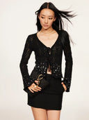 Rhinestone-Embellished Openwork Crochet Cardigan in Black
