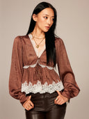 Long-Sleeve Blouse with Lace V-neck in Burnt Tea Brown