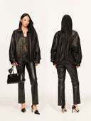 Oversized Leather Jacket with Lapel Collar in Black