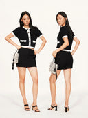 “Black & White Camellia” Knitted Short-Sleeve Cardigan with Hand-Crocheted Trim