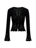 Rhinestone-Embellished Openwork Crochet Cardigan in Black