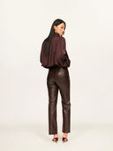 Cropped Satin-Finish Gathered Puff-Sleeve Jacket in Purple Coffee