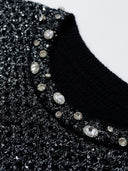 Shimmering Sequin Argyle Knit Short-Sleeve Top in Stardust grey