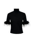 Short-Sleeve Knitted Top with Feather trim in Black